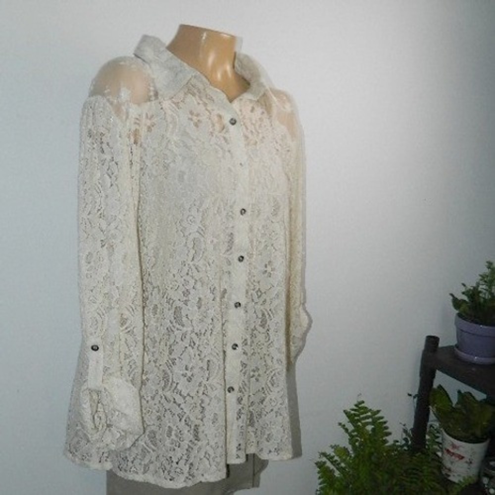 Cato Lace Button Down Shirt Womens 22/24 Ivory Floral Sheer Roll Tab Sleeve New